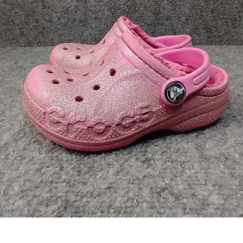 Crocs Kids Classic Lined Glitter Clogs Pink Sparkly Fuzzy Shoes Size C9
